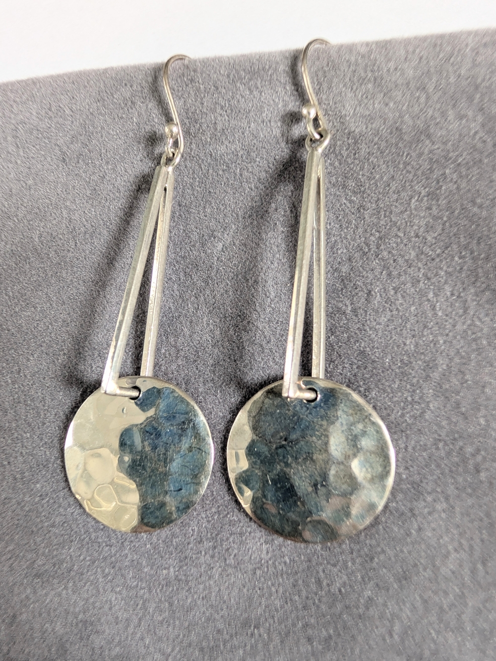 Vintage ATI Mexico Silver Hammered Disc Drop Earrings - 925 Silver